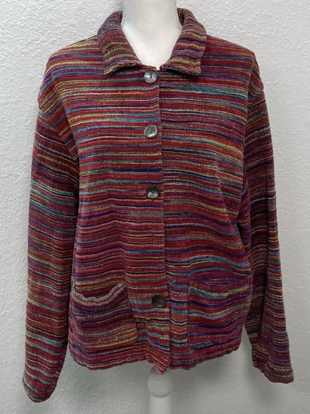 VTG TANTRUMS Womens LARGE Rainbow Jewel Tone Bucle Button-Up L/S JACKET EUC
